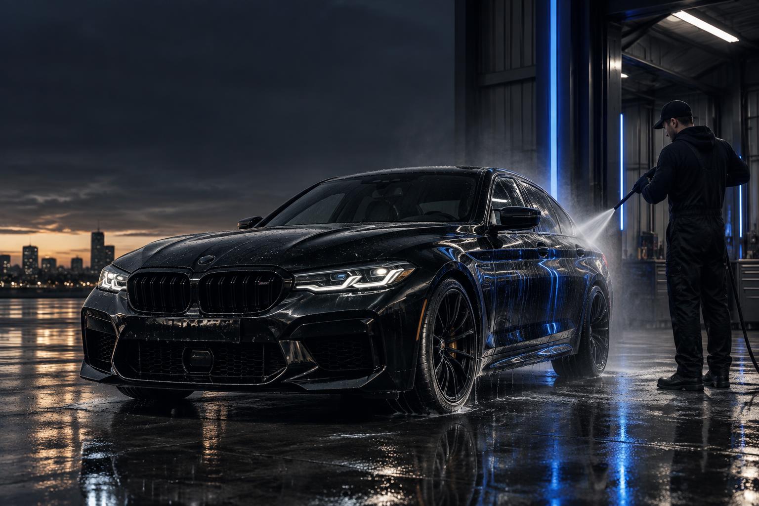 A mobile detailer pressure washing a black performance sedan